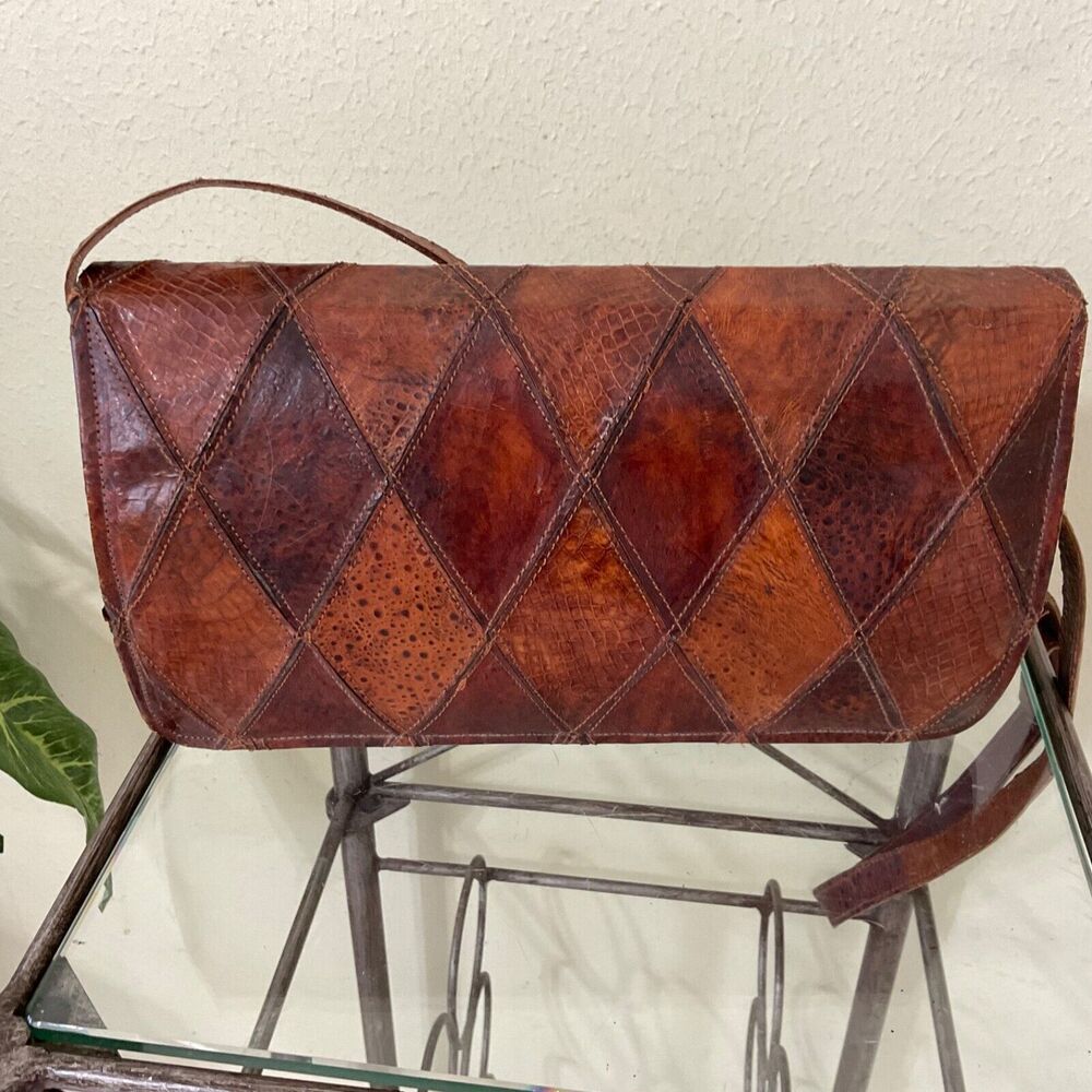 Vintage patchwork Leather shoulder/crossbody bag velour interior purse 6x3x12โ